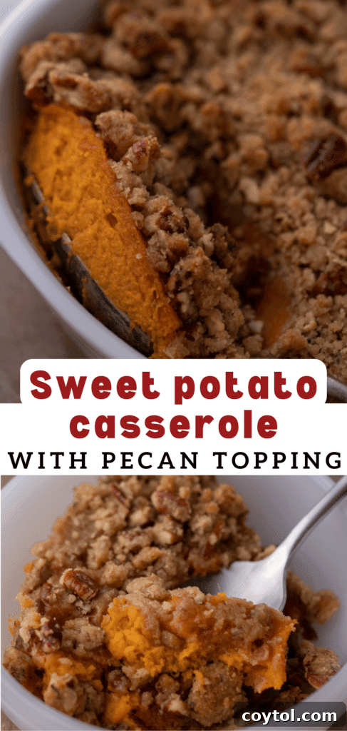 A delectable close-up of sweet potato casserole, highlighting the contrast between the creamy base and the crunchy pecan topping, perfect for pinning.