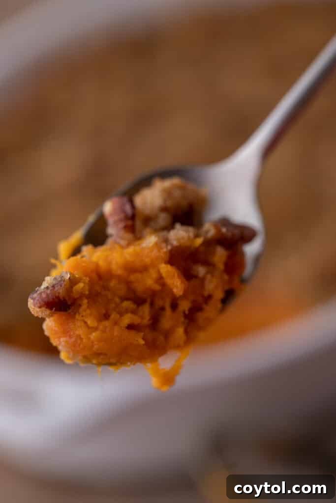 A serving spoon lifting a generous portion of sweet potato casserole, showcasing its creamy interior and golden-brown pecan streusel topping.