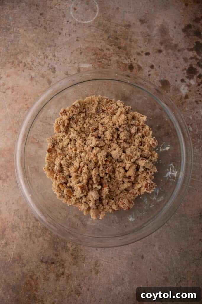A bowl with mixed streusel topping ingredients, showing the crumbly texture of butter, flour, sugar, and pecans combined.