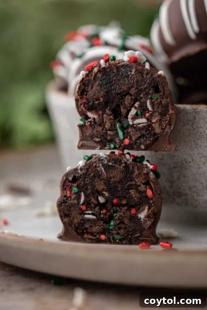Close-up of two stacked  cake truffle halves showing the fudgy center and festive sprinkles.
