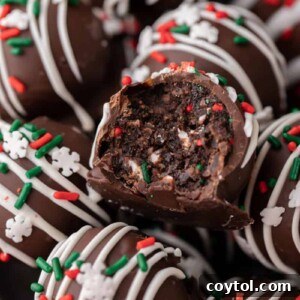 Close-up of a chocolate Christmas tree cake truffle with a fudgy center, white drizzle, and festive holiday sprinkles.