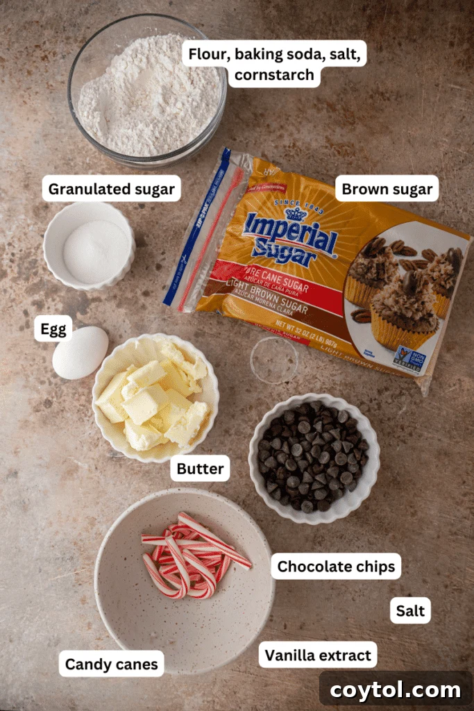 A collection of fresh ingredients laid out on a surface, ready for making peppermint chocolate chip cookies, including butter, sugar, eggs, flour, chocolate chips, and candy canes.