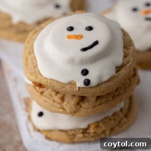 angled overhead shot of three melted snowman peanut butter cookies