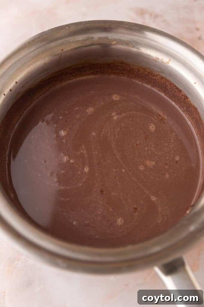 Fully heated and mixed hot chocolate ingredients in a pot, smooth and ready to serve.