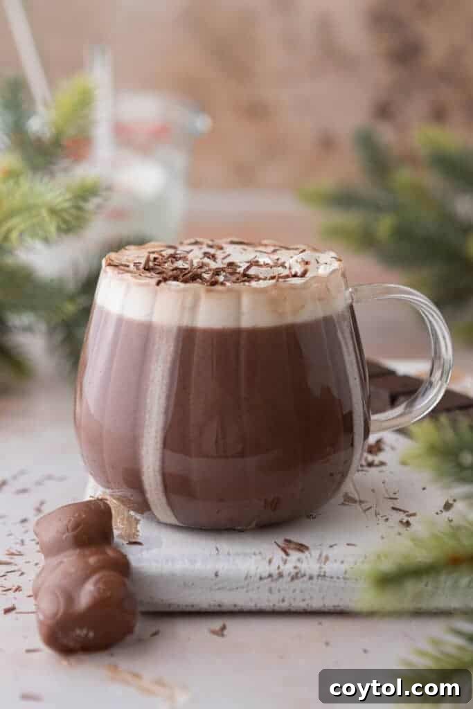 A completed hot chocolate for one, poured into a glass and topped with whipped cream.