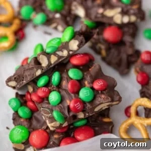 Christmas pretzel peanut M&M's bark chopped up in squares