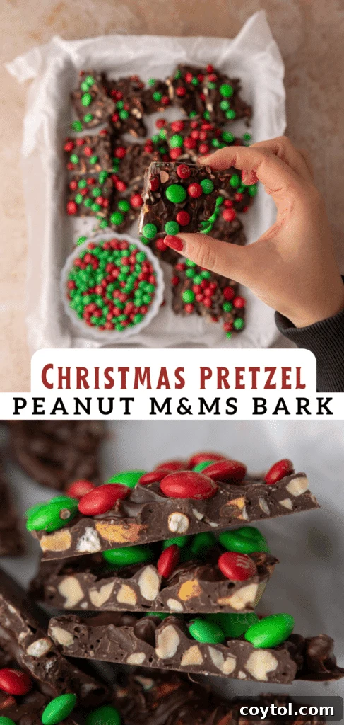 A festive close-up of Christmas peanut pretzel M&M's bark, perfect for pinning