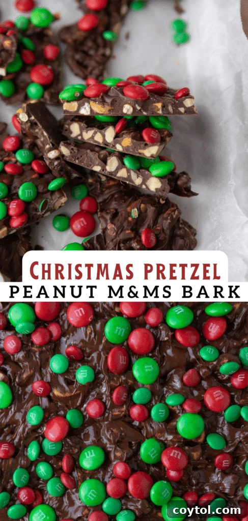 Another view of the delicious Christmas peanut pretzel M&M's bark, ideal for sharing
