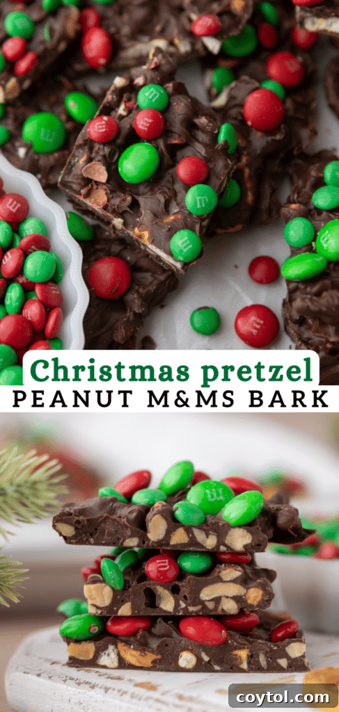 Top-down shot of Christmas peanut pretzel M&M's bark with a sprinkle of M&M's, ready for your Pinterest board