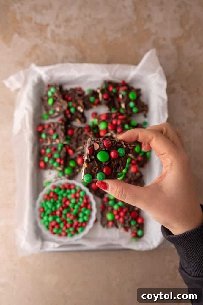Overhead view of a tray of freshly made Christmas peanut pretzel M&M's bark before it's broken into pieces