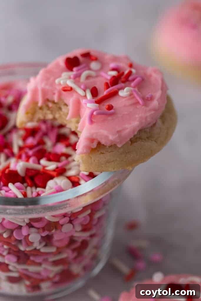 A beautifully frosted Valentine's Day sugar cookie with a bite taken out, showing the soft inside