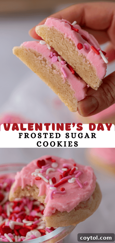 Vertical Pinterest pin image for Valentine's Day Sugar Cookies with pink frosting and sprinkles