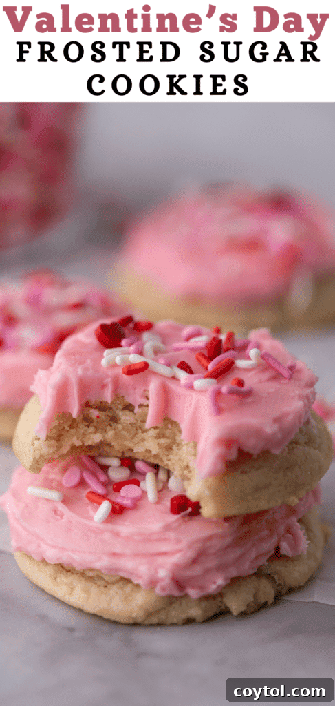Another vertical Pinterest pin image featuring frosted Valentine's Day Sugar Cookies