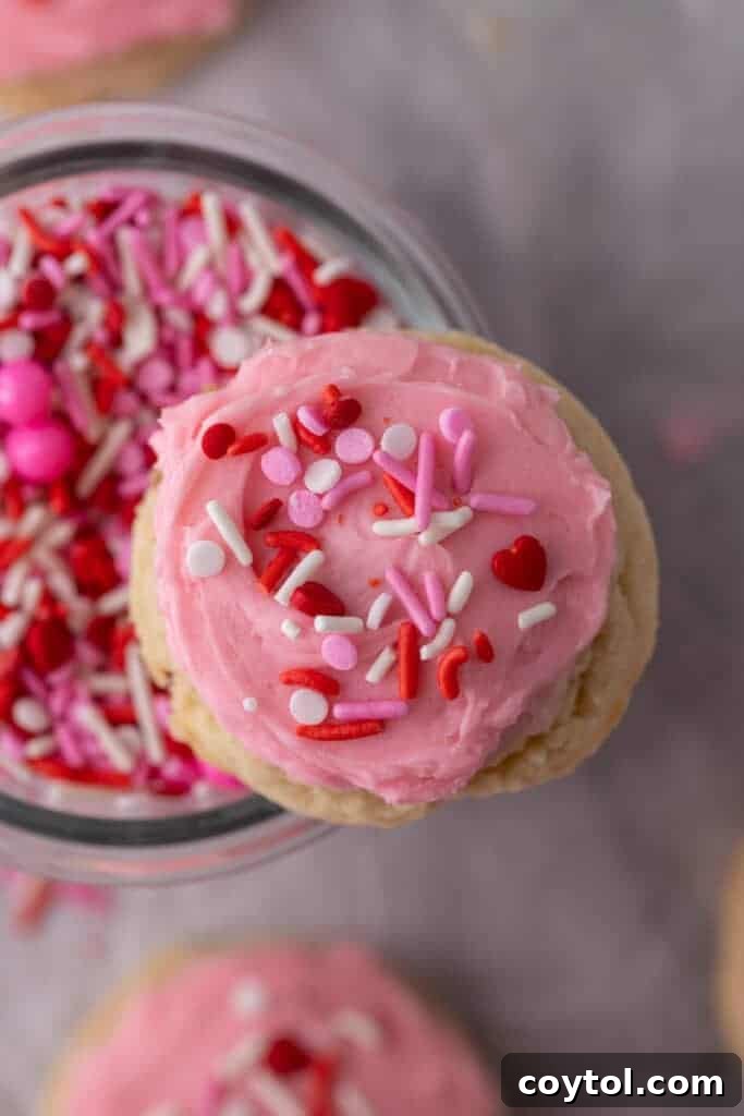 Overhead shot of freshly baked Valentine's Day frosted sugar cookies with pink frosting and sprinkles