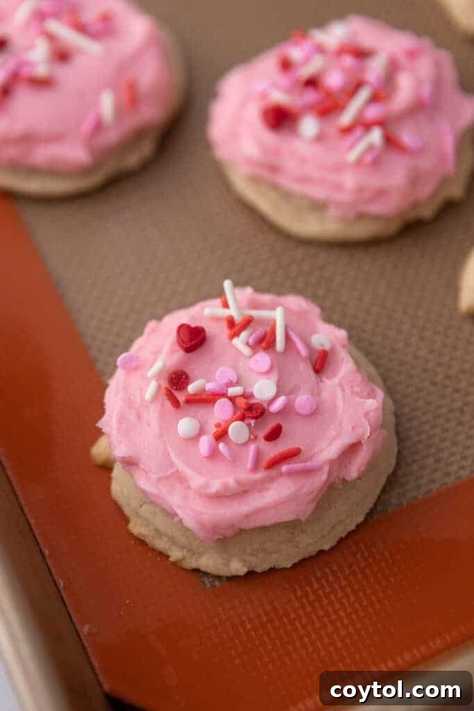 Close-up of a perfectly frosted Valentine's Day sugar cookie with colorful sprinkles