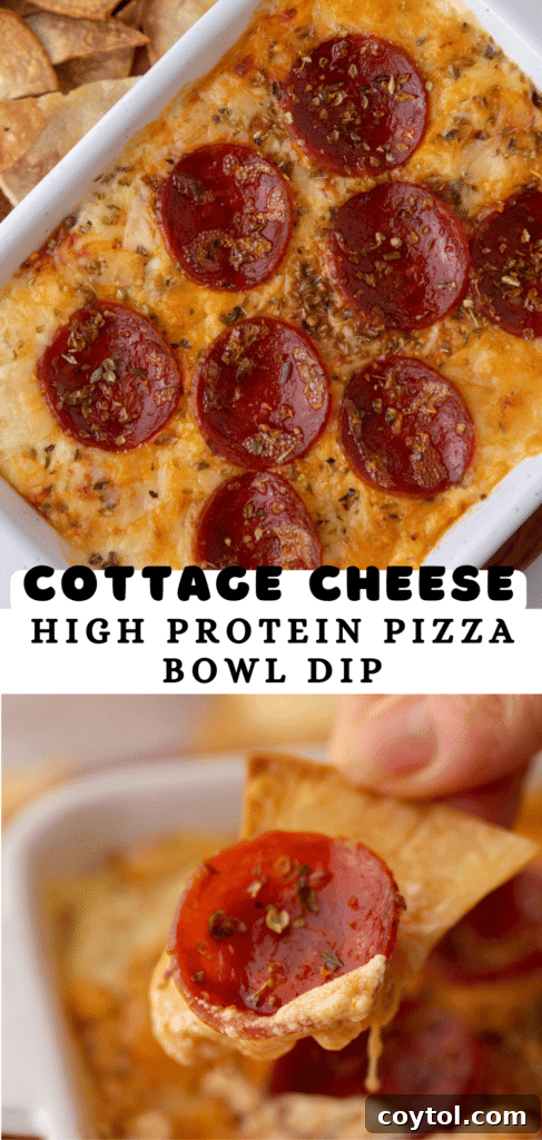 Pinterest pin image for the cottage cheese pizza bowl dip recipe, showing the final dish.