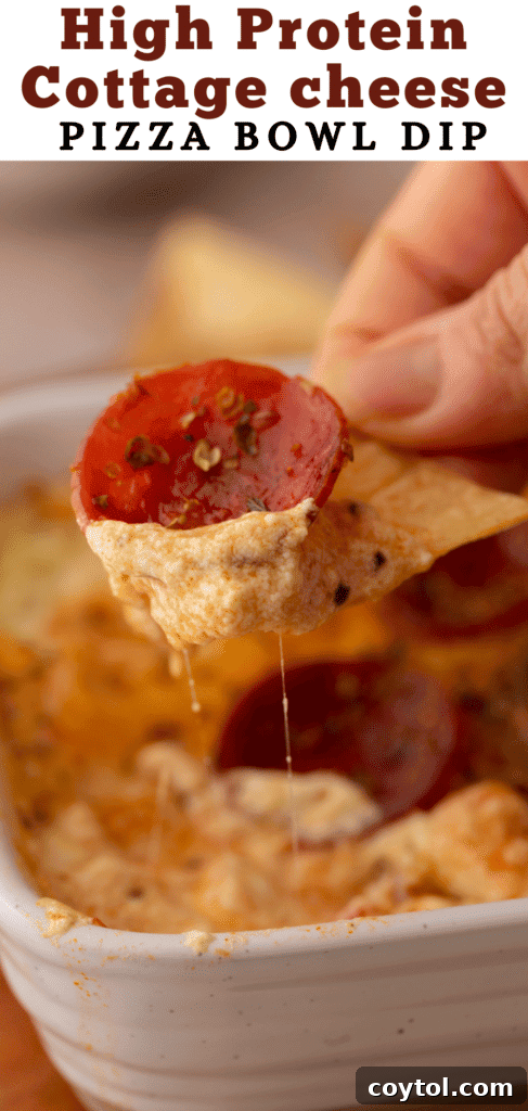 Another Pinterest pin image for the cottage cheese pizza bowl dip recipe, highlighting ingredients.