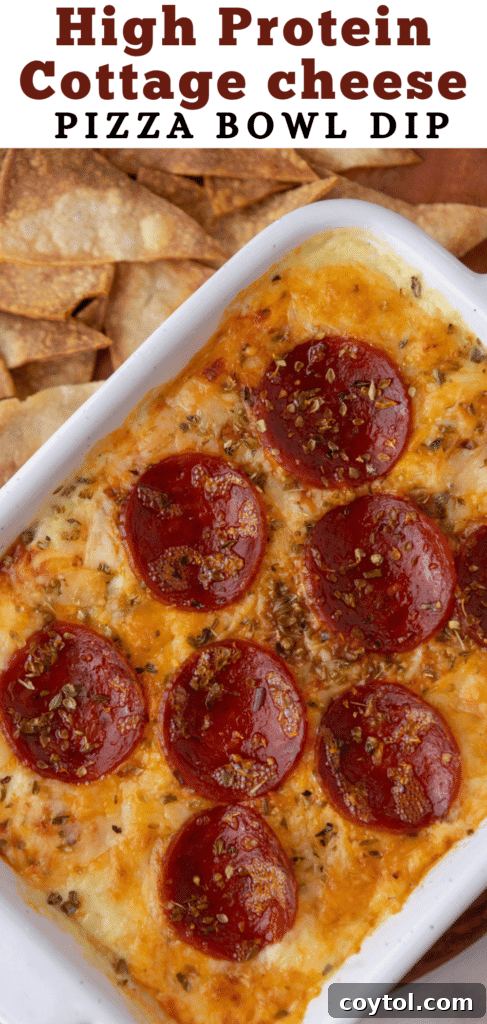 A third Pinterest pin image for the cottage cheese pizza bowl dip recipe, with a focus on serving.