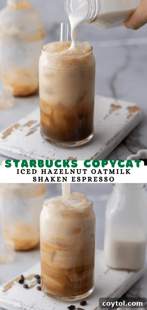 Iced Hazelnut Oatmilk Shaken Espresso Starbucks Copycat in a tall glass, styled for a pin on Pinterest.