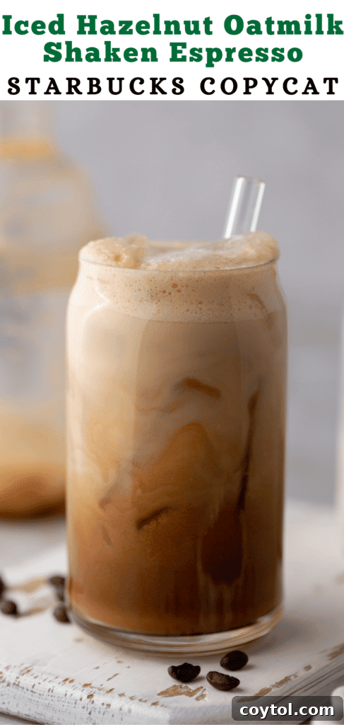 A vibrant Iced Hazelnut Oatmilk Shaken Espresso Starbucks Copycat beverage, perfect for sharing on social media.