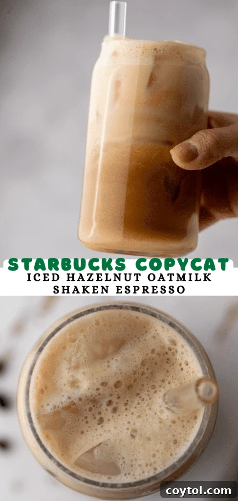 Another appealing image of the Iced Hazelnut Oatmilk Shaken Espresso Starbucks Copycat, emphasizing its creamy texture.