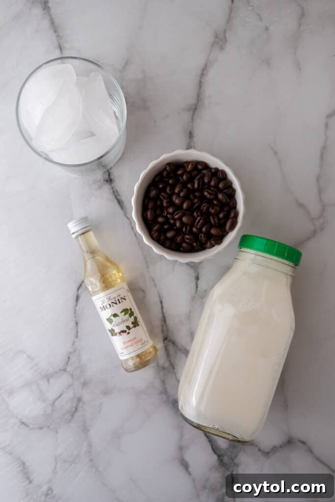 A flat lay shot showcasing the fresh ingredients required for the Iced Hazelnut Oatmilk Shaken Espresso Starbucks copycat recipe, including espresso, ice, hazelnut syrup, and oat milk.