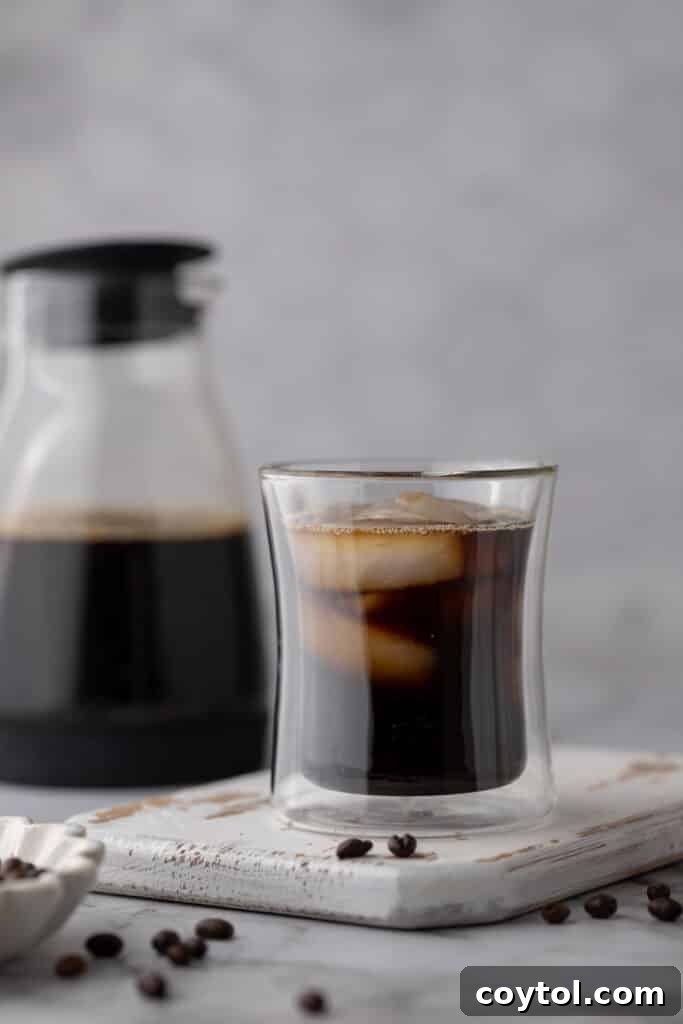 Iced cold brew coffee made with concentrate, served in a glass