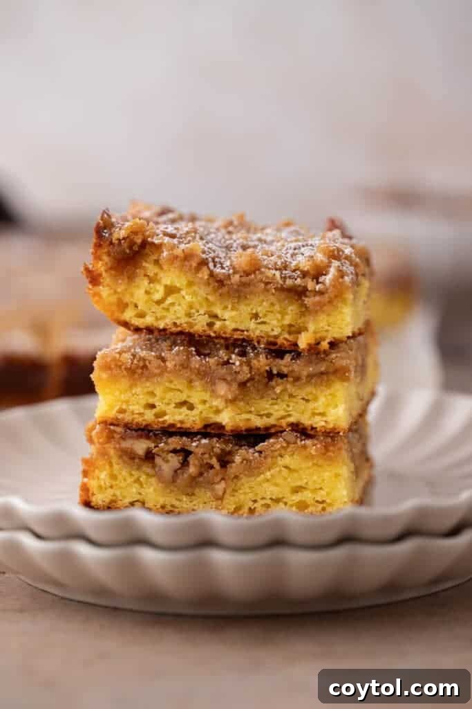 Three squares of delicious coffee cake stacked, perfect with cold brew