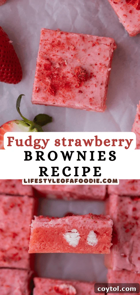 A stack of two strawberry brownies, artfully presented, emphasizing their delightful pink hue.