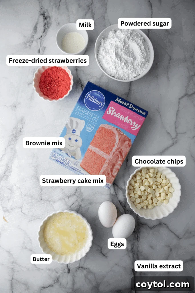 Array of fresh ingredients neatly laid out, ready for baking these delicious strawberry brownies.