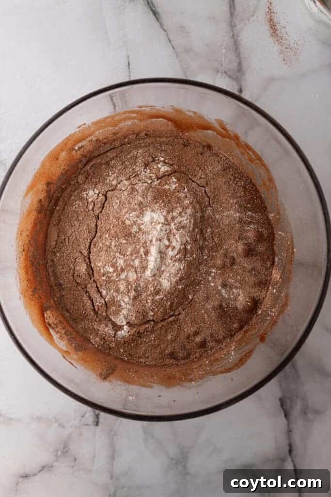 dry and wet ingredients being mixed together