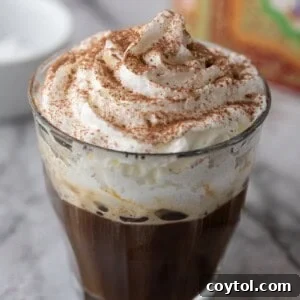 Angled shot of a delicious Einspanner coffee with whipped cream on top.