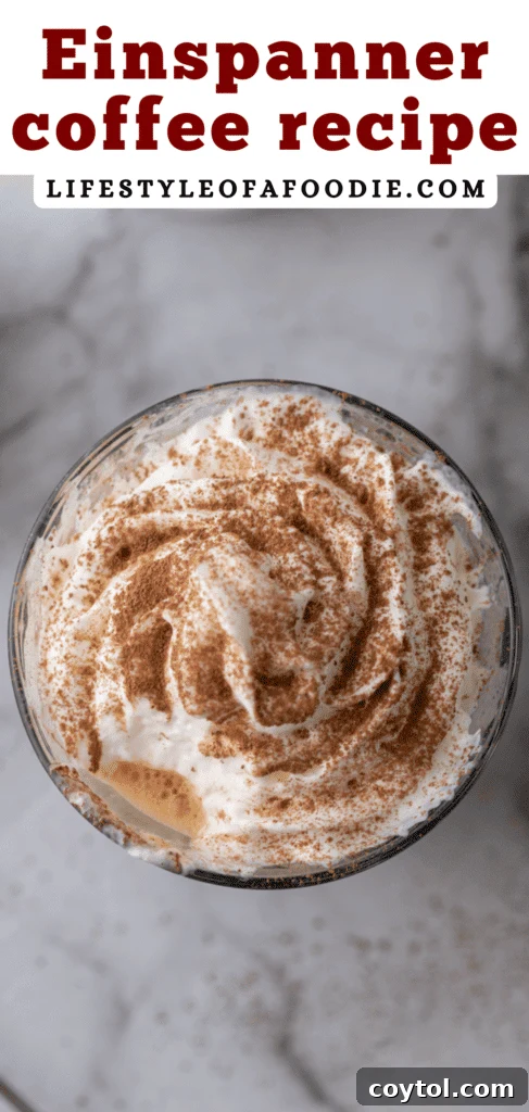 Pinterest pin showcasing an Einspanner coffee prepared in a classic glass.