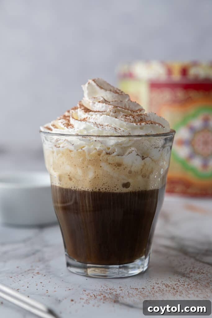 Finished Einspanner coffee with espresso, whipped cream, and cocoa powder dusting.