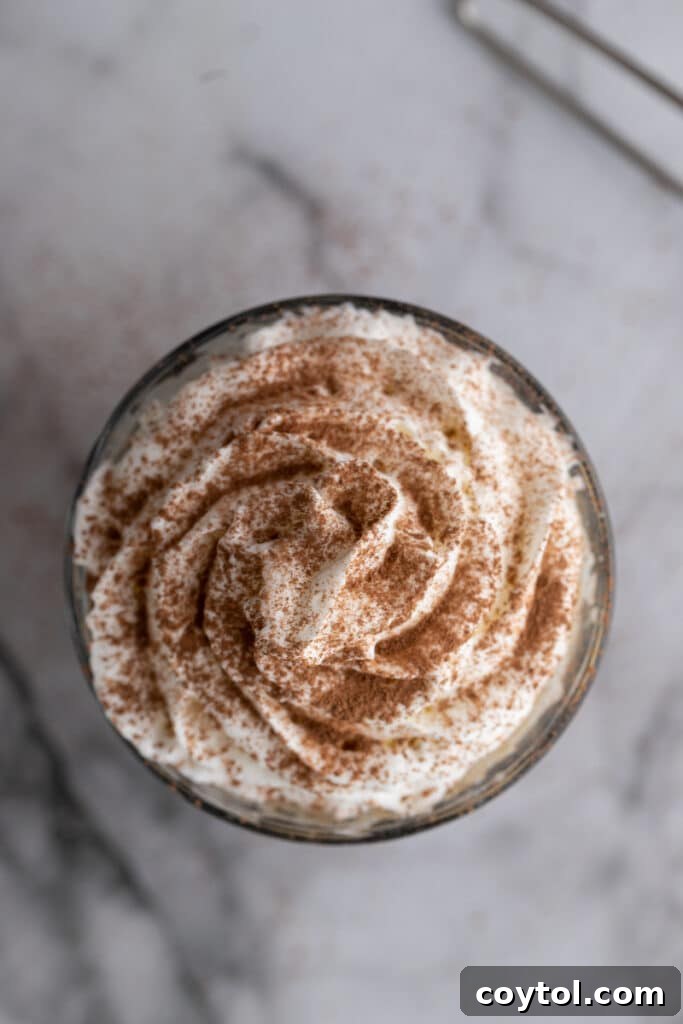 Overhead shot of an Einspanner coffee showing the distinct layers of espresso and whipped cream.