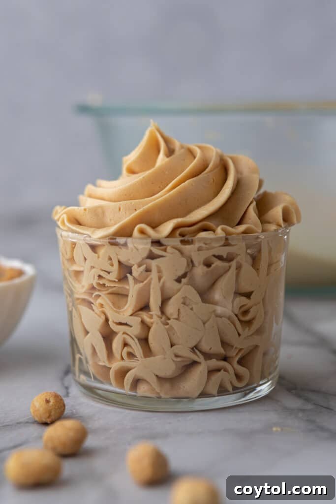 How to make peanut butter frosting in a glass jar, showing a smooth, creamy texture.