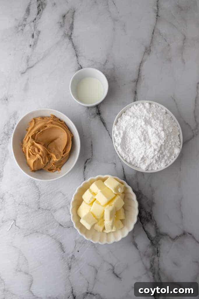 Key ingredients laid out for making creamy peanut butter frosting, including butter, peanut butter, powdered sugar, and vanilla extract.