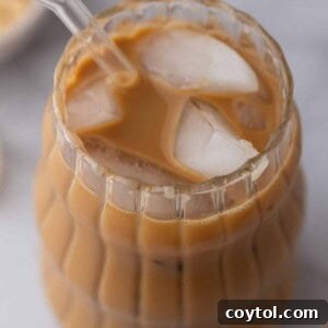 Angled overhead shot of the brown sugar iced coffee recipe in a glass