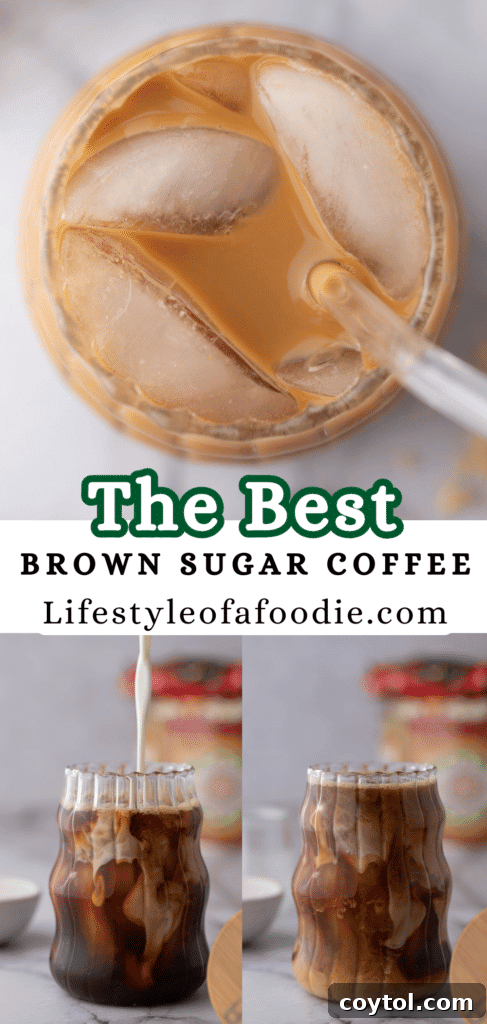 Effortless Homemade Brown Sugar Iced Coffee Indulgence 12 Pinterest pin image for brown sugar iced coffee recipe.