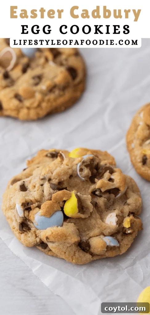 Irresistible Easter Mini Cadbury Egg Chocolate Chip Cookies 13 Another perspective of a freshly baked Cadbury Egg Cookie