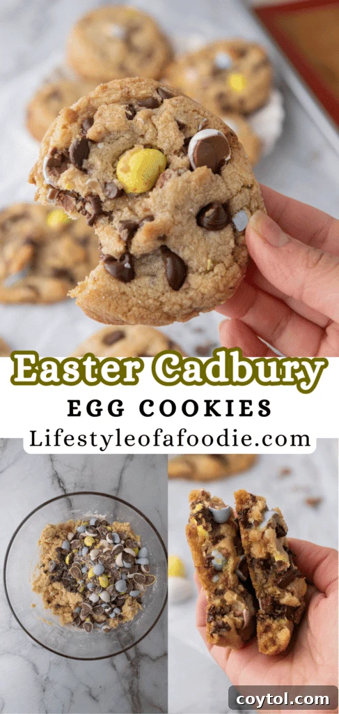 Irresistible Easter Mini Cadbury Egg Chocolate Chip Cookies 14 A cluster of Cadbury Egg Cookies on a white surface, ready to be enjoyed