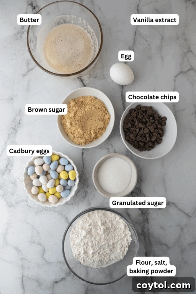 Irresistible Easter Mini Cadbury Egg Chocolate Chip Cookies 3 Baking ingredients laid out on a kitchen counter, ready for mixing