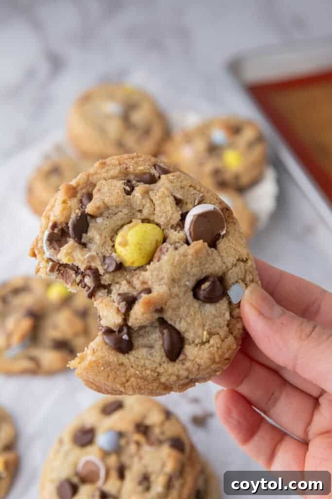 Irresistible Easter Mini Cadbury Egg Chocolate Chip Cookies 9 A hand holding up a Cadbury Egg Cookie with a bite taken out, showing the soft interior and candy pieces