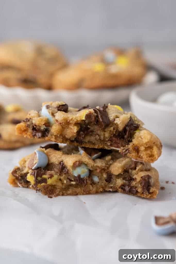 Irresistible Easter Mini Cadbury Egg Chocolate Chip Cookies 10 Two Cadbury Egg Cookies halved and stacked, revealing their internal texture and chocolate pieces