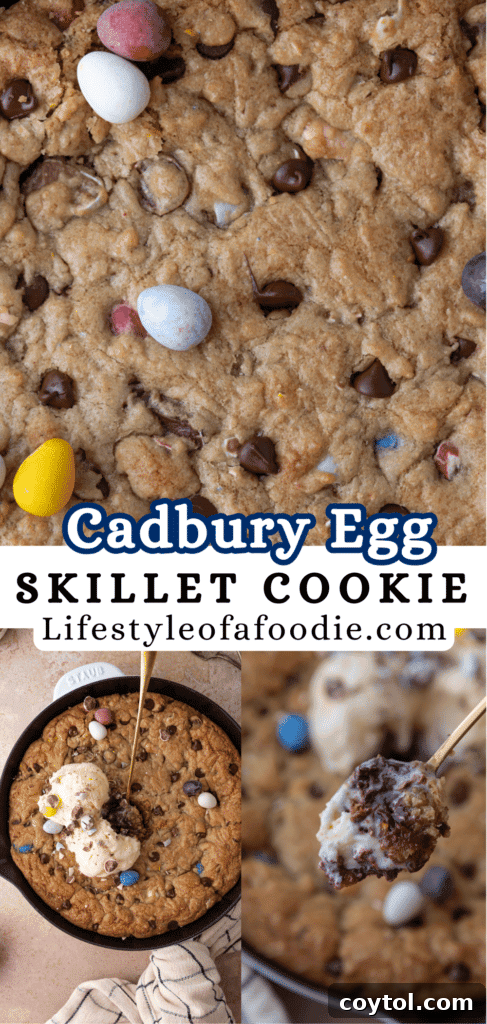Close-up vertical shot of a Cadbury Mini Egg Skillet Cookie in a cast iron pan, showing its perfect golden crust and visible mini eggs.