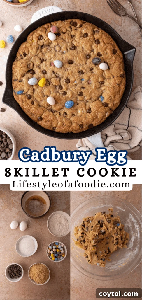 A styled vertical image of the Cadbury Mini Egg Skillet Cookie, perfect for social media sharing and inspiring others to bake this delicious Easter dessert.