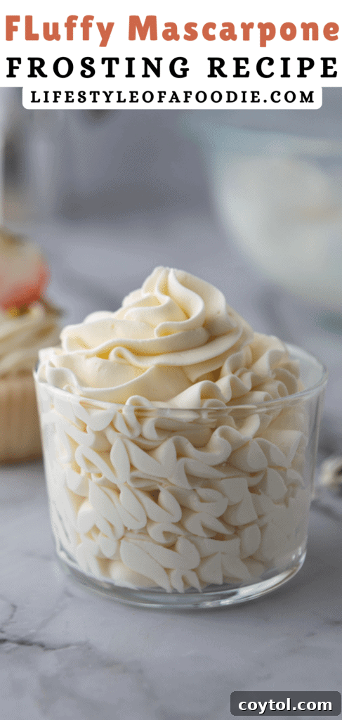 Pinterest pin for the mascarpone cake frosting recipe, featuring a beautifully decorated dessert