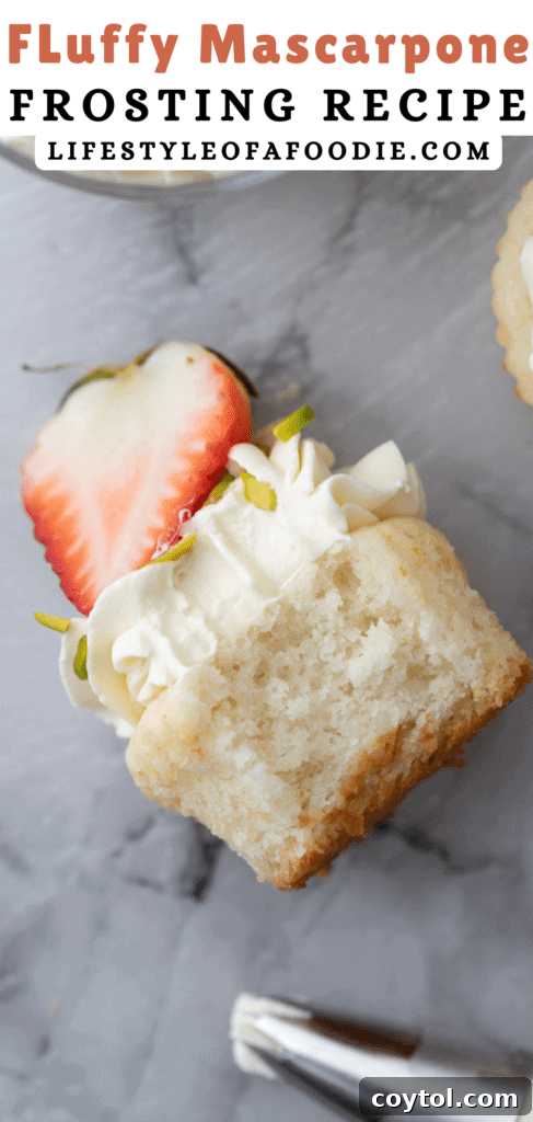 A third Pinterest pin highlighting the rich and creamy texture of the mascarpone cake frosting