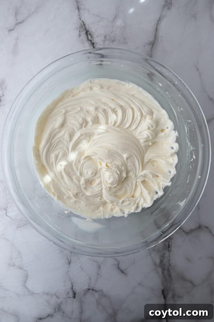 Fully mixed ingredients in a bowl, showcasing the smooth and creamy texture of the finished frosting