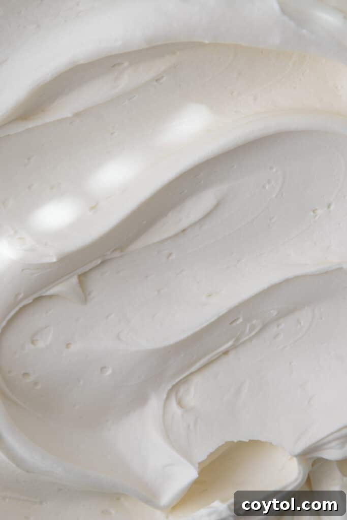 A close-up shot of the mascarpone cake frosting, highlighting its incredibly smooth and creamy texture